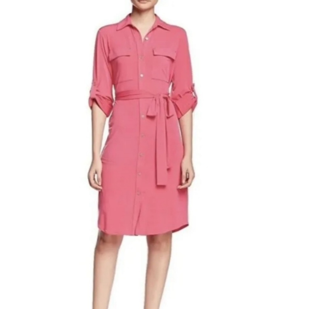 Calvin Klein Pink Long Sleeve Shirt Dress Size 4 Button Down Belted